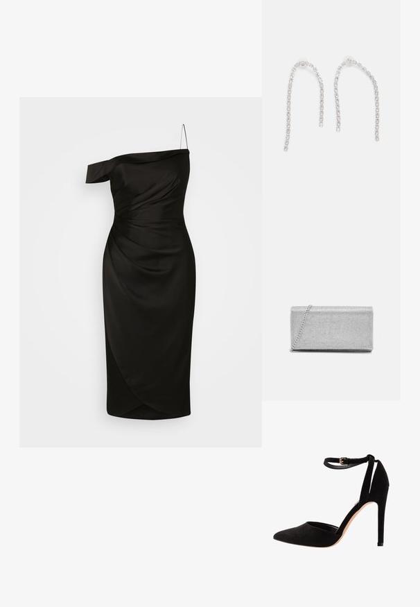 Robe noire à épaule unique en tissu lisse, avec un corsage ajusté comportant des détails froncés et une jupe enveloppante arrivant au genou.; Escarpins en suède noir avec un bout pointu, une bride à la cheville et un talon aiguille. Le design présente une texture lisse avec un minimalisme dans les détails.; Pochette en métal argenté avec un design en maillage tissé, de forme rectangulaire, et une chaîne pour le transport. Texture lisse et finition polie.; Boucles d'oreilles en argent avec des chaînes pendantes, présentant plusieurs pierres précieuses claires disposées en motif linéaire, offrant un effet scintillant.