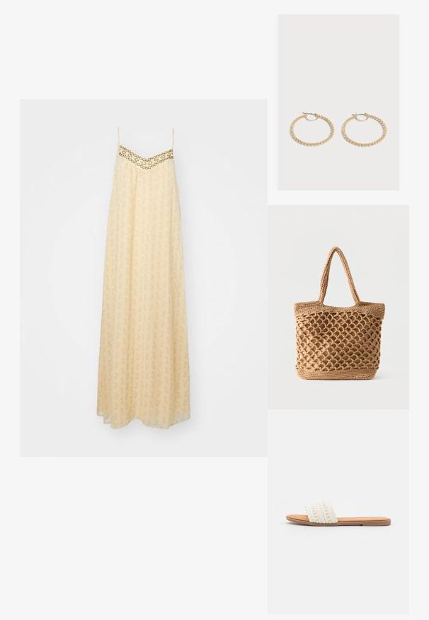 Vestido maxi de tela amarilla pálido, con un diseño estampado y un escote decorativo bordado en dorado. Tirantes ajustables, corte fluido.; Sandalia deslizante blanca tejida con textura trenzada y cuentas decorativas, que cuenta con una plantilla suave en tono marrón y suela plana de goma.; Bolso tote tejido de tono marrón con diseño abierto de red y base sólida, con dos asas para el hombro.; Par de pendientes de aro dorados de tamaño mediano con un diseño texturizado y con cuentas sobre un fondo claro y liso.