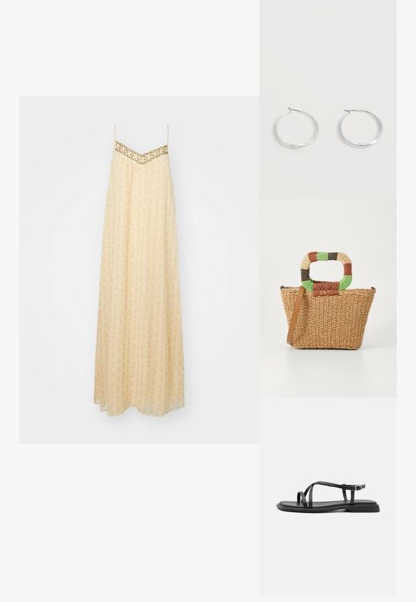 Vestido maxi de tela amarilla pálido, con un diseño estampado y un escote decorativo bordado en dorado. Tirantes ajustables, corte fluido.; Sandalias planas negras con tiras ajustables finas, con una pala rectangular y un acabado mate texturizado. Presentan un tacón bajo ligeramente cuadrado.; Bolso de paja trenzada con forma triangular, que cuenta con un asa redonda multicolor y una correa de hombro marrón.; Pendientes de aro de metal plateado con superficie lisa y ligeramente curvada y cierre de tipo mosquetón sobre un fondo blanco liso.