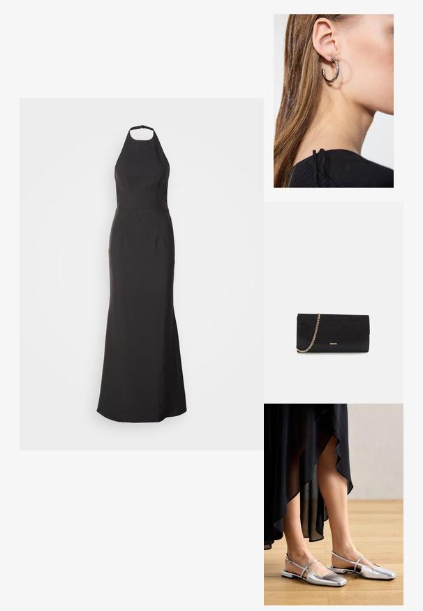 Vestido de noche negro con cuello halter, con un torso ajustado y falda acampanada. Hecho de tela suave, presenta líneas limpias y sin patrones visibles.; Zapatos planos metálicos plateados con diseño de punta cuadrada, tira trasera y acentos recortados. Textura suave sobre un suelo de madera.; Bolso de mano negro hecho de ante con un acabado texturizado, que presenta una cadena dorada y un diseño elegante y angular.; Pendiente de aro de plata con un acabado pulido, que presenta pequeños detalles en dorado y una forma redonda, llevado en el lóbulo.