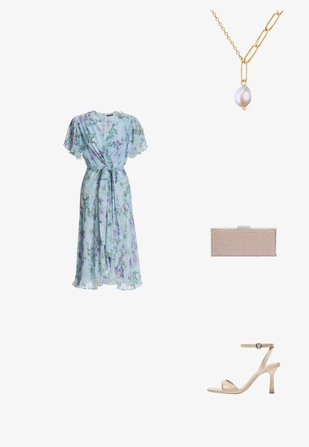 Lyseblå blomstrede slå-om kjole med flagrende ærmer og taljebånd, med et blødt, flydende midi-længde design.; Nude patentlæder højhælede sandaler med en tynd ankelrem og rund spænde, åben tå design og en slank stiletto hæl.; Rosenfarvet metallisk clutch med en glat overflade, udsmykket med iriserende perler, rektangulær form og en sølv lås.; Guld kæde med forlængerede led og en enkelt uregelmæssig perlecharme, der viser en glat, skinnende overflade og naturlig tekstur.