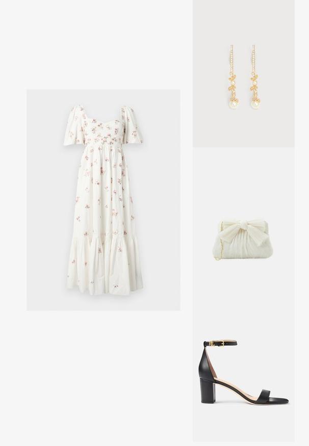 Valkoinen midimittainen mekko, jossa liehuvat hihat, vartalonmyötäinen yläosa ja pieni vaaleanpunainen kukkakuosi, kokoontaitettu kerroksellinen hame.; Lauren Ralph Lauren LOGAN BURNISHED LEATHER SANDAL - Sandaalit nilkkaremmillä - black; Valkoinen poimutettu clutch-laukku, jossa on näyttävä nauhatyyny ja kultaketjuolkaimi. Pehmeä pinta, jossa on rypytetty muotoilu edessä.; Kultaiset roikkuvat korvakorut, joissa pystysuoria rivejä pieniä kristalleja, lehtimuotoisia koristeita ja roikkuvia pyöreitä valkoisia helmiä.