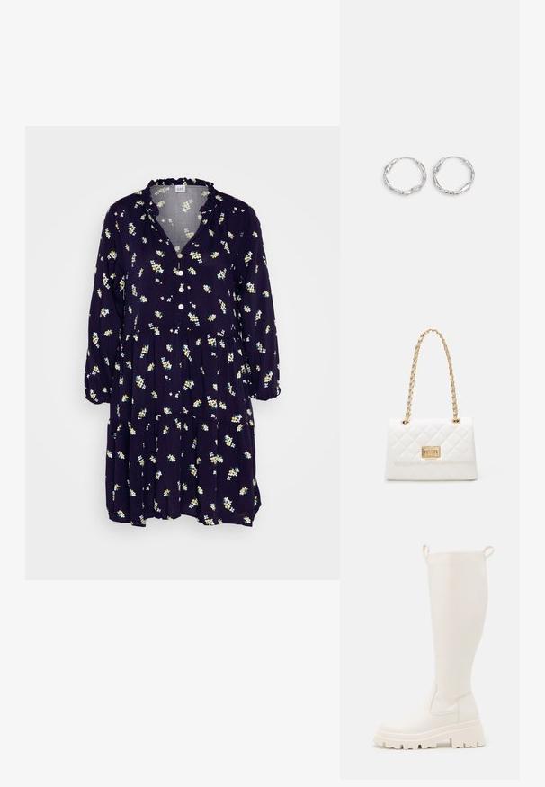 GAP TIER MINI DRESS - Blusenkleid - navy; Knöchelhohe weiße Gummistiefel mit einer robusten Sohle und elastischen seitlichen Einsätzen. Verfügt über Zuglaschen an der Oberseite für leichteres Anziehen. Glatte Textur.; Weißes, gesteppte Handtasche mit goldener Kettentragriemen und rechteckigem Verschluss. Verfügt über eine glatte Textur und ein geometrisches Steppmuster.; Silberne Creolen mit einer welligen, unregelmäßigen Textur. Besitzen eine dünne, kreisförmige Form und eine reflektierende Oberfläche.