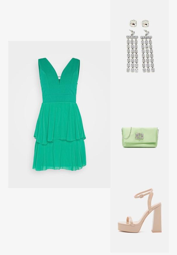 WAL G. CRUISE COLLECTION ABIGAIL RUFFLE MINI - Cocktail φόρεμα / Φόρεμα για πάρτι - leaf green; RAID MISTIE - Πλατφόρμες σανδάλια - nude; Mascara Τσαντάκι - apple; Κρυστάλλινα σκουλαρίκια με ασημένια λεπτομέρεια, που διαθέτουν τετράγωνη σφαίρα και πτώσεις με διαδοχικές σειρές ορθογώνιων και οκταγωνικών κρυστάλλων.