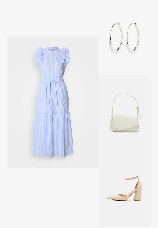 Vestido de rayas azul claro con mangas cortas con volantes, cierre de botones en la parte delantera, cintura ceñida con cinturón y diseño de falda en capas. Hecho de una tela suave.; Zapato de tacón alto de charol beige con punta afilada, correa en el tobillo y tacón grueso. Textura suave con detalles de costura mínimos.; Bolso de mano de imitación cuero blanco con una forma triangular estructurada, correa ajustable única y cierre con solapa acentuada en curva.; Pendientes de aro de plata con un acabado suave y brillante. Forma circular, con un cierre seguro. Diseño sencillo y elegante.