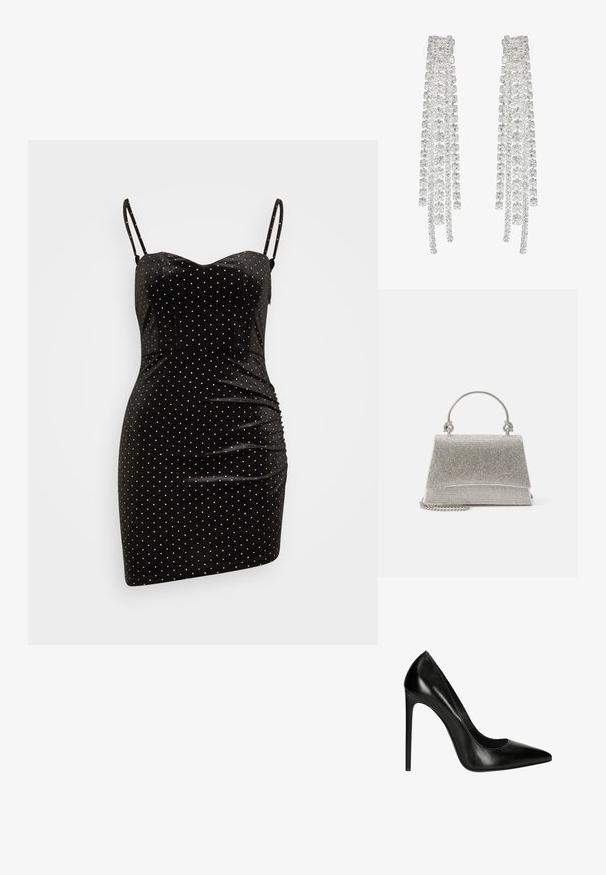 Even&Odd Petite by Zalando Cocktailkleid/festliches Kleid - black/silver; Schwarze Leder-Pumps mit hohen Absätzen, spitzer Zehenform und glatter Oberfläche. Verfügt über eine elegante Silhouette und einen Stiletto-Absatz.; ALDO FELISIA - Handtasche - silver-coloured; Lange silberne Ohrringe mit einer Vielzahl von klaren, facettierten Kristallen in kaskadierenden Strängen unterschiedlicher Längen und Formen.