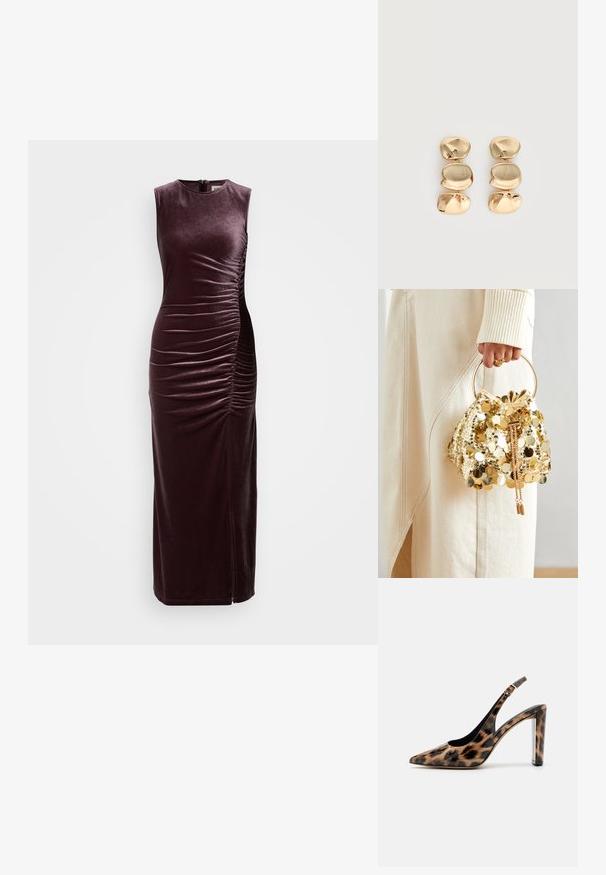 Lange, mouwloze jurk van diep paarse fluweel met zijdelingse ruches en een split. Glad textuur met een ronde halslijn en een ritsdetail aan de achterkant.; Leopardprint slingback pump met een spitse neus en een transparante blokhak. Gemaakt van glanzend materiaal met een gladde textuur.; Gouden pailletten trekkoord handtas met een ronde handgreep, versierd met glanzende ronde pailletten en een gemêleerde stof. Afmetingen zijn niet opgegeven.; Oorbellen in goudkleur met drie onregelmatige, gladde, afgeronde segmenten die verticaal opgestapeld zijn op een egale lichte achtergrond.