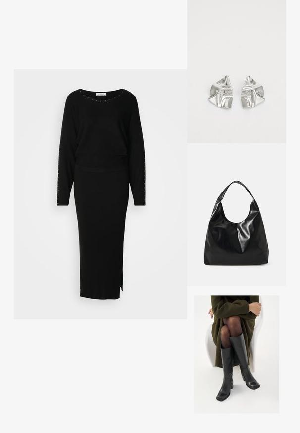 Ensemble en tricot noir en deux pièces composé d'un haut à manches longues avec des embellissements en studs et d'une jupe maxi ajustée à côtes avec une fente sur le côté.; Bottes en cuir noires arrivant au genou, avec un bout carré et un talon carré, présentées sur un modèle assis dans un manteau vert olive. Texture lisse, détails minimaux.; Sac hobo en cuir noir avec une texture douce et brillante et un haut ouvert arrondi. Dispose d'une large sangle courbée pour le transport. Pas de matériel visible.; Boucles d'oreilles en métal argenté avec un design ondulé et sculptural, présentant une finition polie et des formes irrégulières, mettant en valeur une esthétique contemporaine.
