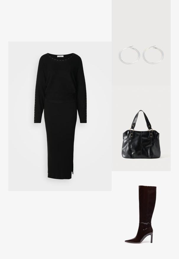 Ensemble en tricot noir en deux pièces composé d'un haut à manches longues avec des embellissements en studs et d'une jupe maxi ajustée à côtes avec une fente sur le côté.; Bottes noires en cuir patent à hauteur de genou avec un bout pointu et un talon aiguille, présentant une texture lisse et brillante ainsi qu'un design épuré.; Sac à épaule en cuir noir avec double anses attachées par des anneaux et rivets dorés, surface lisse et légèrement brillante, design simple.; Paire de boucles d'oreilles créoles argentées brillantes avec fermoirs en fil fin, présentée sur un fond gris clair.