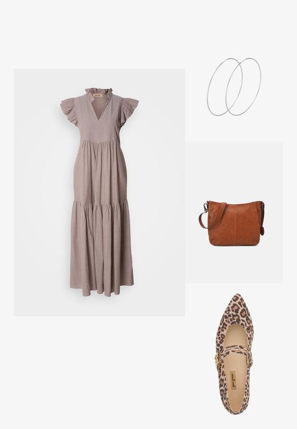 Maxi kjole i lys taupe linned, med en rynket halsudskæring, korte ærmer og et lagdelt skørt design for en flydende silhuet.; Leopard-print Mary Jane sko med spids tå, blødt stof overdel og en rem forsynet med en guldbuckle. Kig til cremeforing og sål.; Brun læder skuldertaske med en buet form, justerbar rem og minimale syninger, der har et rummeligt interiør.; Sølvøreringe med et minimalistisk design. Cirkulær form, glat tekstur og tynd profil. Letvægtige med en poleret overflade.