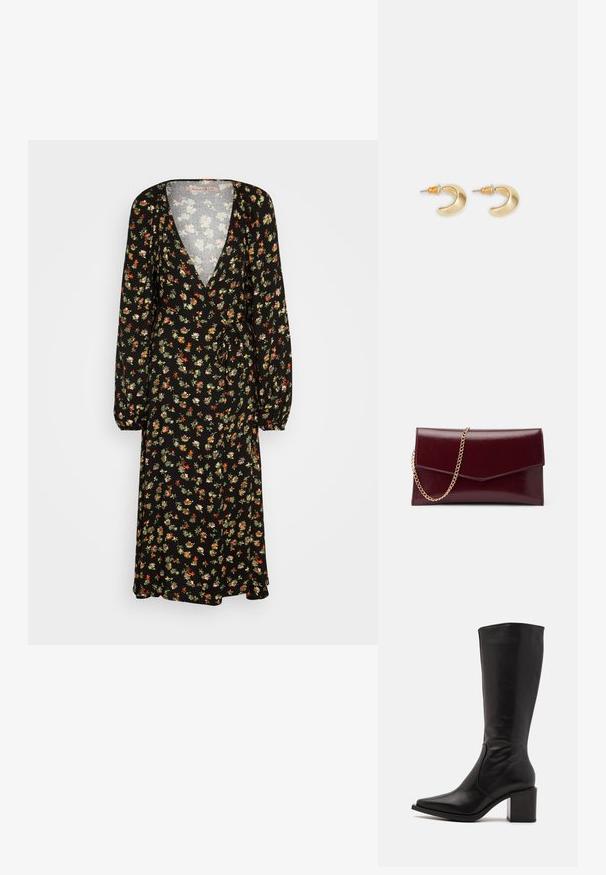 Anna Field by Zalando Φόρεμα ημέρας - black/red; Zign by Zalando LEATHER - Μπότες - black; Μπορντό δερμάτινη τσάντα χιαστί με κομψό, επίπεδο σχέδιο. Διαθέτει χρυσό αλυσίδα και γωνιακή κλείσιμο από καπάκι. Λείος υφή με διακριτή γυαλάδα.; Χρυσά σκουλαρίκια σε σχήμα ημισέληνου με λεία επιφάνεια, που διαθέτουν πορτοκαλί λεπτομέρειες κοντά στον κρίκο και ασημένια εξαρτήματα.