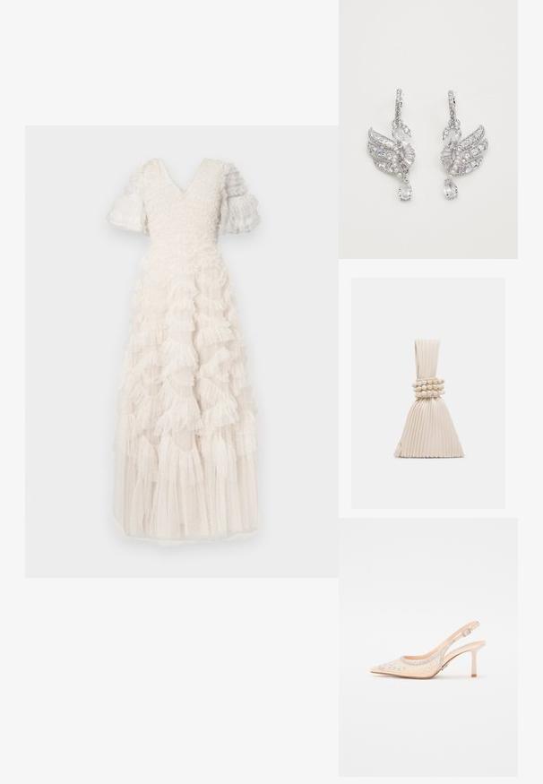 Witte, tot op de vloer reikende jurk met V-hals, korte pofmouwen en gelaagde geplooide tule met een gestippelde textuur overal.; Steve Madden VERO - Hoge hakken - champagne; Kleine beige handtas met plooien, voorzien van een geknoopt handvat en drie ronde kralenarmbanden die rond het midden zijn gewikkeld.; Zilveren oorbellen in de vorm van zwanen, met heldere kristallen, parelaccenten en een druppelontwerp met een druppelvormige edelsteen.
