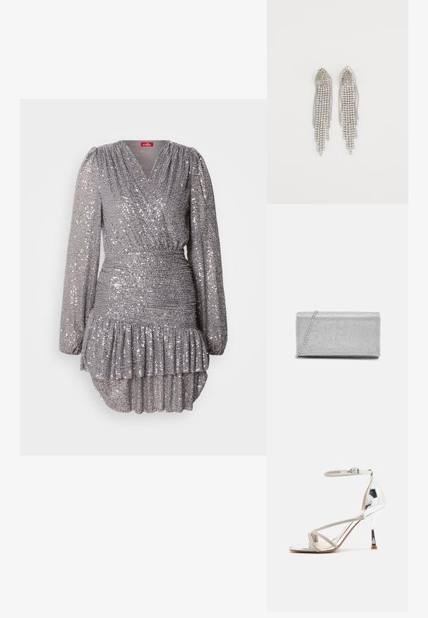 Robe grise ornée de sequins avec des manches longues, décolleté en V, taille froncée et ourlet à volants. La texture scintillante accentue le détail visuel et l'élégance.; Sandale à talons hauts en argent avec un design à lanières, en matériau scintillant, accents en strass et une fine bride à la cheville. Bout carré et talon poli.; Pochette en métal argenté avec un design en maillage tissé, de forme rectangulaire, et une chaîne pour le transport. Texture lisse et finition polie.; Boucles d'oreilles en argent présentant un design en cascade avec plusieurs rangées de strass scintillants, des pointes effilées et de délicates nuances de chaîne.