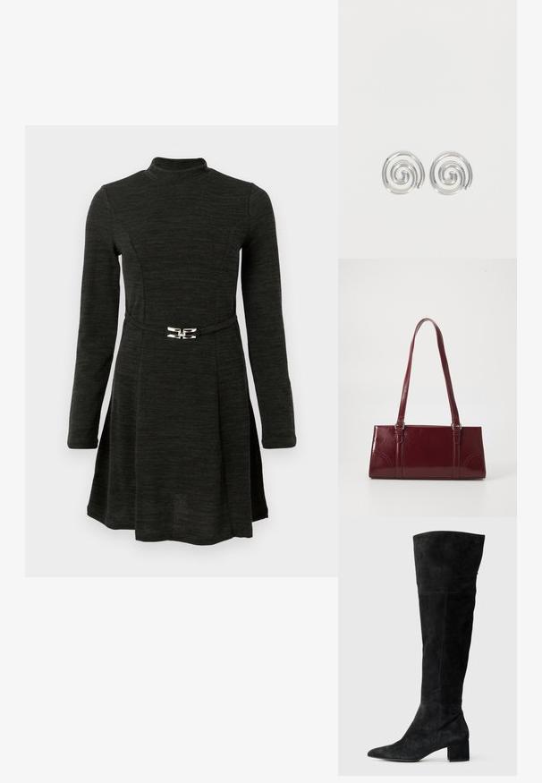 Robe noire à manches longues avec un col haut, taille cintrée mettant en valeur un accent argenté, et une jupe évasée à la texture lisse.; Bottes noires en daim montant au-dessus du genou, avec un bout pointu et un talon bloc. Texture lisse avec des coutures latérales et une coupe ajustée.; Sac à main bordeaux en matériau brillant, de forme rectangulaire, avec deux anses et des accents légèrement courbés à l'avant.; Paire de boucles d'oreilles en forme d'anneau spirale en argent avec un design lisse et arrondi sur fond blanc uni.