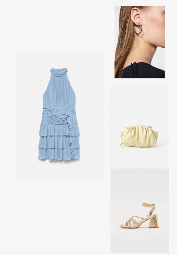 Lyseblå ærmeløs kjole med høj halsudskæring, rynket talje, faldende flæse i siden og lagdelt A-formet nederdel.; Guldfarvede hæle-sandaler med en strappy design, firkantet blokhæl og justerbar ankelrem med spænde. Glat tekstur.; Gul plisseret håndtaske lavet af glat kunstlæder, med en blød form, en enkelt skulderrem og samlet topdesign.; Sølv hoop ørestik med en poleret overflade, prydet med små guld accenter og en rund form, båret på øreflippen.