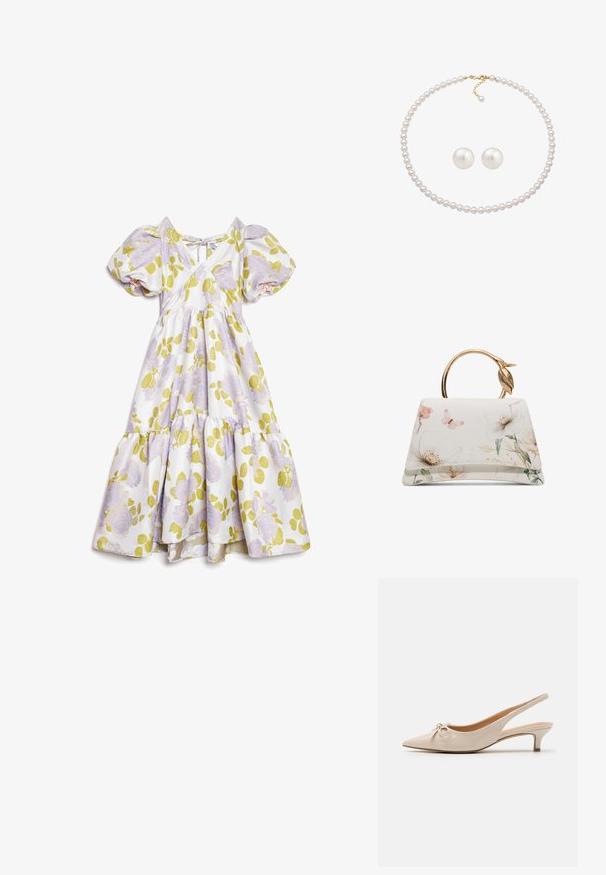 Hvid midi-kjole med puffede ærmer, lilla blomsterprint, grønne blade, V-hals og rygbindedetalje med en lagdelt nederdel.; Beige patenterede læder slingback hæle med spidse tæer og en dekorativ sløjfe på vampen. Inkluderer en lav, slank hæl og en glat tekstur.; Hvid håndtaske med blomstermønster og sommerfugleprint, trapezformet og med gyldt rundt håndtag med bladdetalje.; Perlekæde med guldlås og matchende runde perleøreringe på hvid baggrund.