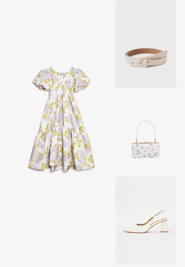 Vestido midi blanco con mangas abullonadas, patrón floral púrpura, hojas verdes, escote en V y detalle de lazo trasero, con falda de volantes.; Zapato de tacón blanco de charol con punta afilada y un tacón en bloque geométrico. El interior cuenta con una plantilla beige y cortes laterales mínimos.; Clutch rectangular blanca con patrón floral azul y asa con cuentas de perlas, herrajes en tono dorado y cierre con broche.; Cinturón de cuero beige enrollado con hebilla plateada y botón metálico con marca, mostrado sobre fondo blanco.