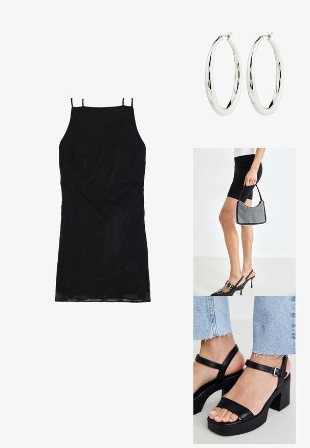Schwarzes ärmelloses Kleid aus glattem Stoff, mit dünnen Trägern und einem drapierten Design sowie einem dezent geschwungenen Saum.; ALDO CELIE - High Heel Sandalette - black; Schwarze Perlen-Handtasche mit geschwungener Silhouette, Tragegriff und glänzender Textur. Kombiniert mit schwarzen High Heels und enganliegenden schwarzen Shorts.; Silberne Creolen mit einer glatten, reflektierenden Oberfläche. Runde, große Form mit einem sicheren Verschluss an der Oberseite. Polierte Oberfläche betont den Glanz.