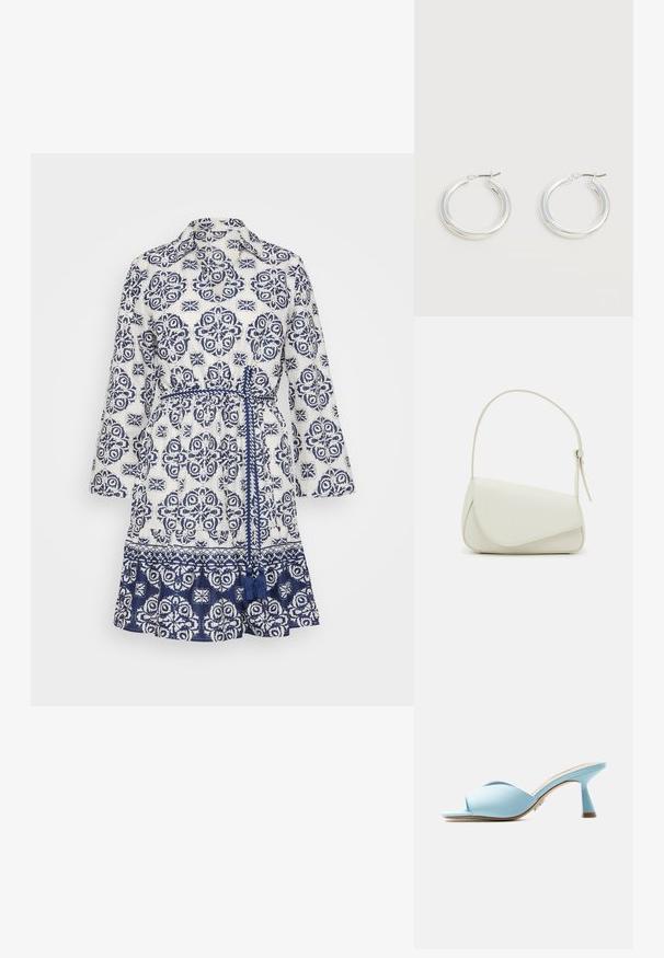 Robe blanche avec motif floral marine, col, manches trois-quarts, ceinture ajustable à la taille et ourlet froncé. Fabriquée en tissu léger.; Mule bleu clair à bout ouvert avec des brides larges croisées et un talon mi-hauteur évasé, présenté de profil sur fond blanc.; Sac à main en cuir synthétique blanc avec une forme triangulaire structurée, une bandoulière unique réglable et un rabat à courbes accentuées.; Paire de boucles d'oreilles créoles moyennes argentées brillantes avec de fines attaches métalliques sur un fond clair et neutre.