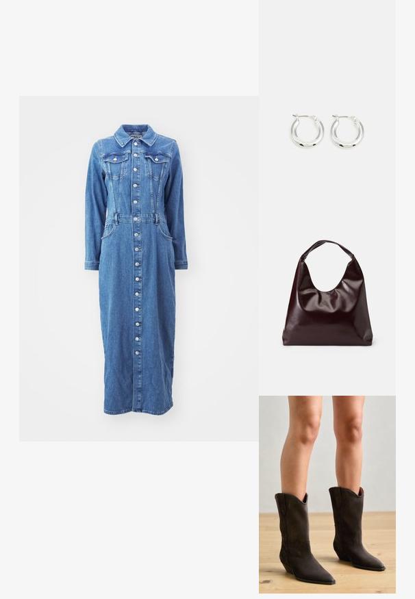 Denim jurk met een knoopsluiting aan de voorkant, lange mouwen, borstzakken en een getailleerde taille, in een middelblauwe wassing met een rechte silhouet.; Pavement NIKKI - Cowboy-/Bikerlaarzen - brown; Bordeaux, glanzende vegan leren totebag met een zachte, sculpturale vorm en een brede, gebogen handgreep voor makkelijk dragen.; Zilveren oorbellen in de vorm van een ring met een gepolijste afwerking, met een cirkelvorm en een scharnierende postsluiting. Glad oppervlak met minimale details.