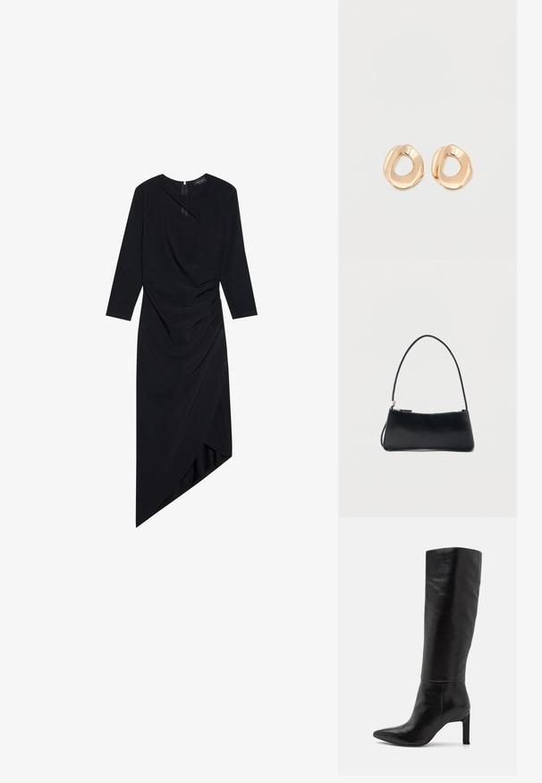 Zwart lange mouw jurk met asymmetrische zoom, met geplooide stofdetails, een subtiele glans en een verborgen rits aan de achterkant.; Knee-high zwarte leren stiletto laarzen met een spitse neus en een gladde textuur. De hak is blokstijl, wat stabiliteit aan het ontwerp toevoegt.; Zwart rechthoekig handtasje met een dunne band en ritssluiting, afgebeeld tegen een effen witte achtergrond.; Set van onregelmatig gevormde, gepolijste hoepel oorbellen van goudkleurig metaal met een open midden op een effen witte achtergrond.
