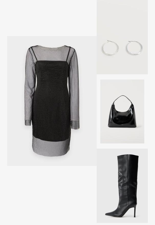 Robe mini noire avec de longues manches en maille transparente et un corsage ajusté, présentant un motif en grille et des accents métalliques subtils.; Botte en cuir noire montante, avec un bout pointu et un talon fin, sur un fond blanc uni.; Sac à épaule noir brillant avec une seule bandoulière et un petit logo "RAID" en bas au centre sur un fond clair uni.; Boucles d’oreilles créoles en métal argenté avec une surface lisse légèrement incurvée et des fermoirs à clapet sur un fond blanc uni.