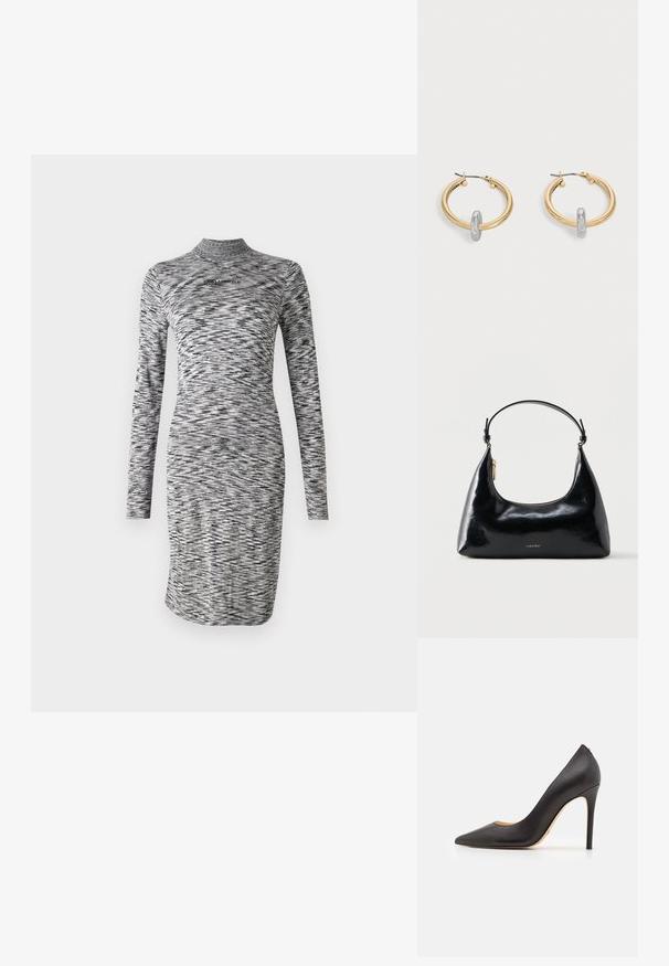 Robe à manches longues dans un motif ondulé noir et gris, présentant un col haut et une silouhette ajustée. Tissu lisse avec un léger éclat.; Escarpin noir en cuir avec un bout pointu, une texture lisse et un talon stiletto fin. Design minimaliste, sans élément visible.; Sac à main Calvin Klein noir brillant avec fermeture éclair dorée et anse courte sur fond blanc uni.; Paire de boucles d'oreilles créoles dorées avec un petit détail boucle ton argent sur chaque, exposées sur fond gris clair.