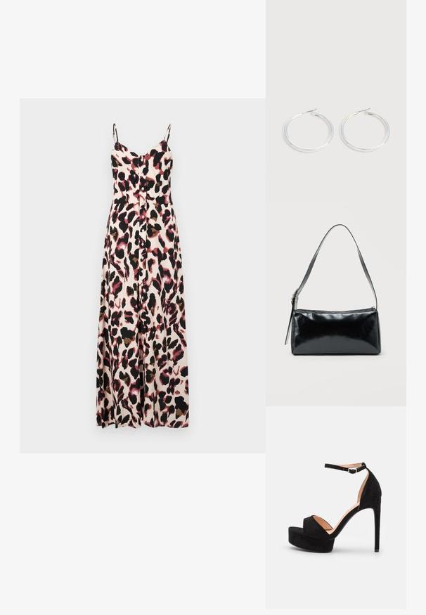 Vestido maxi con tirantes finos, que presenta un patrón de estampado animal en rosa y negro. Hecho de una tela ligera, tiene un corte relajado y detalles de botones.; Sandalia de tacón alto de ante negro con suela de plataforma, tira en el tobillo con herrajes plateados, diseño de punta abierta y textura suave.; Bolso de hombro rectangular negro con una correa ajustable y un cierre de cremallera superior sobre un fondo liso.; Pareja de pendientes de aro plateados brillantes con cierres de alambre delgado, mostrados sobre un fondo gris claro.