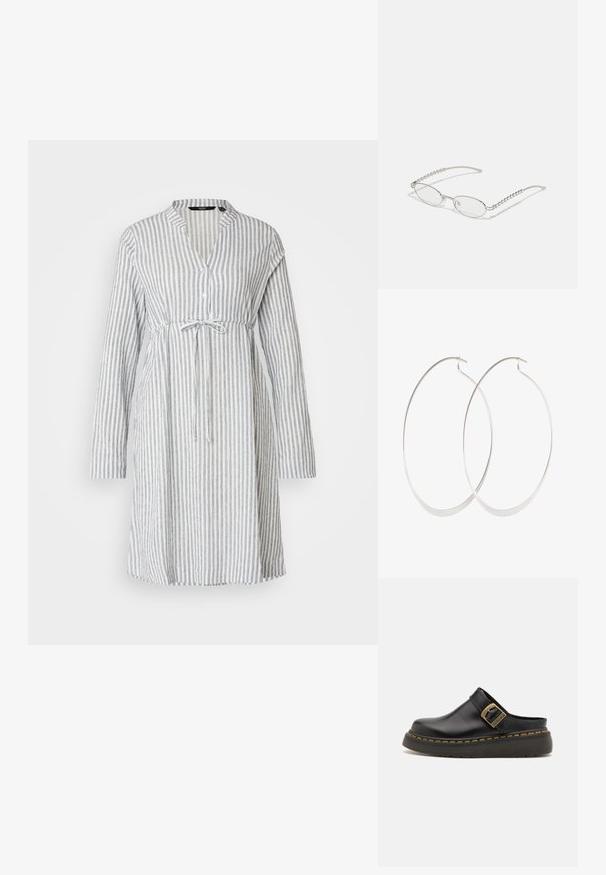 Gestreiftes Leinenkleid in Blau und Weiß, mit langen Ärmeln, einem geknöpften Kragen und einer gebundenen Taille für eine taillierte Silhouette.; Schwarze Leder-Mules mit breitem Riemen und Messing-Schnalle. Verfügt über eine strukturiere Gummisohle mit gelben Nähakzenten.; Ovale Brillen mit einem metallisch-silbernen Rahmen, klaren Gläsern und strukturierten Perlenakzenten an den Bügeln. Leichtes Design mit gebogenen Bügeln.; Silberne Creolen mit einem dünnen, glatten Design; länglich-ovale Form; polierte Oberfläche; ausgestattet mit einem sicheren Hakenverschluss.