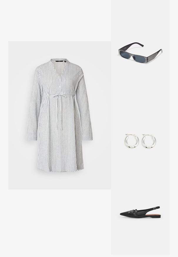 Gestreiftes Leinenkleid in Blau und Weiß, mit langen Ärmeln, einem geknöpften Kragen und einer gebundenen Taille für eine taillierte Silhouette.; Schwarze Leder-Slingback-Ballerina mit spitzem Zeh, ausgestattet mit zwei horizontalen Riemen und quadratischen silbernen Schnallen, mit flachem Absatz und glatter Oberfläche.; Schwarze Sonnenbrille mit grauen Gläsern, versehen mit einem Rastermuster aus kleinen metallischen Strasssteinen entlang der Fassung. Glatte Oberfläche, kantiges Design.; Silberne Creolen mit glänzender Oberfläche, die eine kreisrunde Form haben und mit einem schwenkbaren Verschluss ausgestattet sind. Glatte Textur mit minimalen Details.