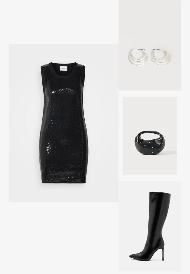 Ærmeløs sort kjole dækket af pailletter, med rund halsudskæring og figursyet design, med en glat tekstur og blank finish.; Sort knæhøj støvle lavet af blank læder, med en spids tå og en slank stilethæl. Glat tekstur med minimalistisk design.; Sort læderhåndtaske med en rundet form, dekoreret med sølvnitter, og et kort håndtag. Glat tekstur og lynlåslukning.; Sølv hoop øreringe med tre lagdelte halvcirkelformede bånd, hvoraf det ene er udsmykket med små klare krystaller på en lys baggrund.