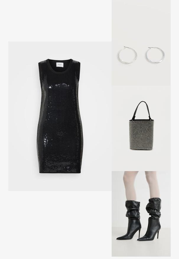 Robe noire sans manches ornée de sequins, dotée d'un col rond et d'une coupe ajustée, avec une texture lisse et une finition brillante.; Bottines en cuir noir avec un design décontracté, bout pointu et talon aiguille haut, avec une finition douce et texturée autour du col.; Sac à main noir recouvert de clous en argent rectangulaires, doté de deux poignées noires et d'une forme rectangulaire structurée. Base solide.; Boucles d’oreilles créoles en métal argenté avec une surface lisse légèrement incurvée et des fermoirs à clapet sur un fond blanc uni.