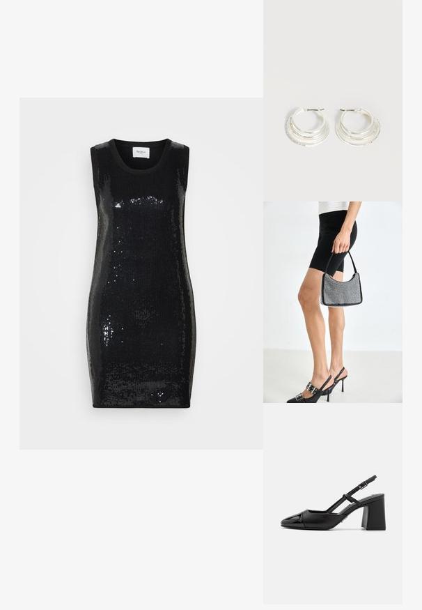 Robe noire sans manches ornée de sequins, dotée d'un col rond et d'une coupe ajustée, avec une texture lisse et une finition brillante.; Escarpin en cuir verni noir à talon bloc avec un bout pointu et une bride réglable. Texture lisse et design minimaliste.; Sac à main à perles noires avec une silhouette courbée, une poignée de transport et une texture brillante. Porté avec des chaussures à talons hauts noires et un short noir ajusté.; Boucles d'oreilles créoles en argent avec trois bandes semi-circulaires superposées, dont une ornée de petits cristaux clairs sur un fond clair.