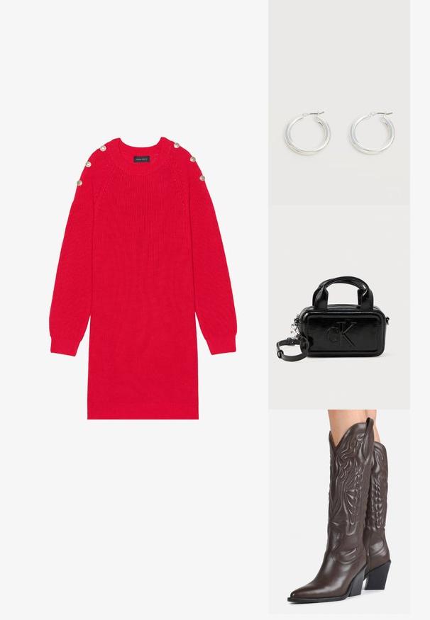 Rød strikket kjole med lange ærmer, ribbede manchetter og skulderknapper. Har en rund hals og en afslappet pasform.; Mørkebrune læder cowboystøvler til knæene med spidse tæer, dekorativ syning og skrå blokhæle, båret af en person.; Sorte patentlæder taske i rektangulær form, med to top-håndtag, aftagelig skulderrem og præget "CK" logo på forsiden.; Par mellemstore skinnende sølv hoops øreringe med tynde metal spænder på en lys neutral baggrund.