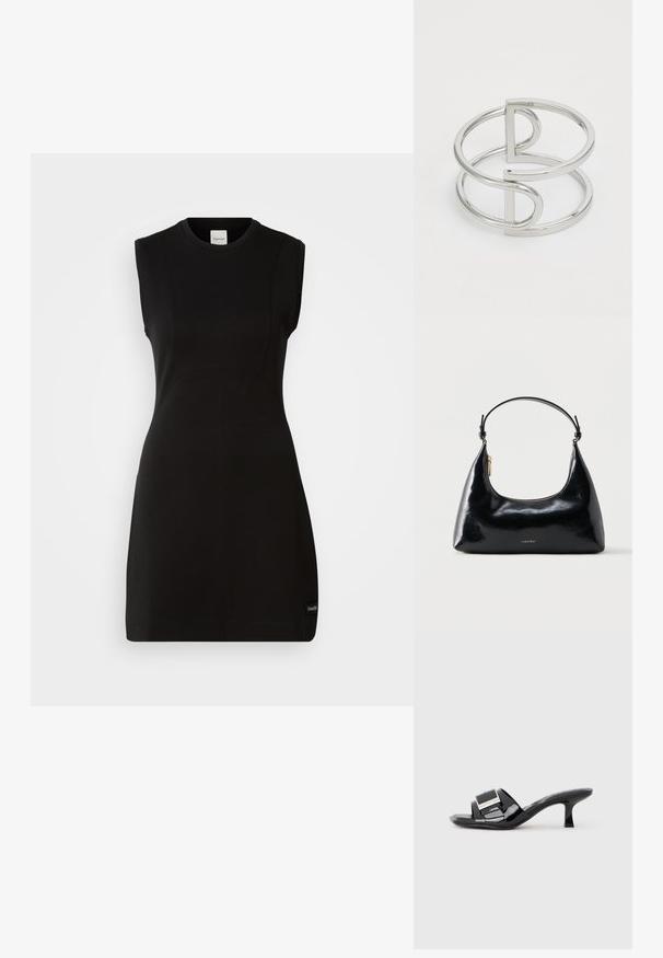 Robe noire sans manches ajustée de Calvin Klein avec un col rond et des détails de couture subtils sur fond blanc.; Mules en cuir verni noir avec bout ouvert, larges brides, accent métallique et petit talon carré. Texture lisse avec une finition brillante.; Sac à main Calvin Klein noir brillant avec fermeture éclair dorée et anse courte sur fond blanc uni.; Bracelet en métal argenté avec un design à double boucle, fini lisse et brillant, et un accent géométrique minimaliste.