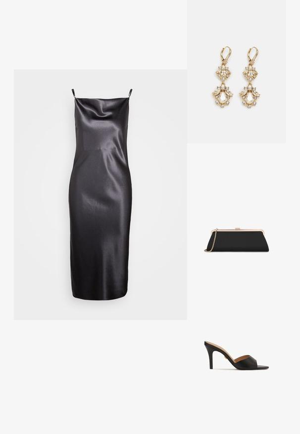 Samsøe Samsøe FREDERICKA LONG DRESS - Robe de soirée - ombre dark; Mules noires à talons hauts ouverts, avec une tige en cuir lisse, un devant en forme d'amande et un élégant talon aiguille. Détails en accent doré visibles.; Pochette rectangulaire noire avec cadre en métal doré et bandoulière chaîne sur fond blanc.; Boucles d'oreilles pendantes dorées présentant un design en grappe avec des cristaux clairs ronds et en forme de goutte, mettant en valeur des détails élaborés.