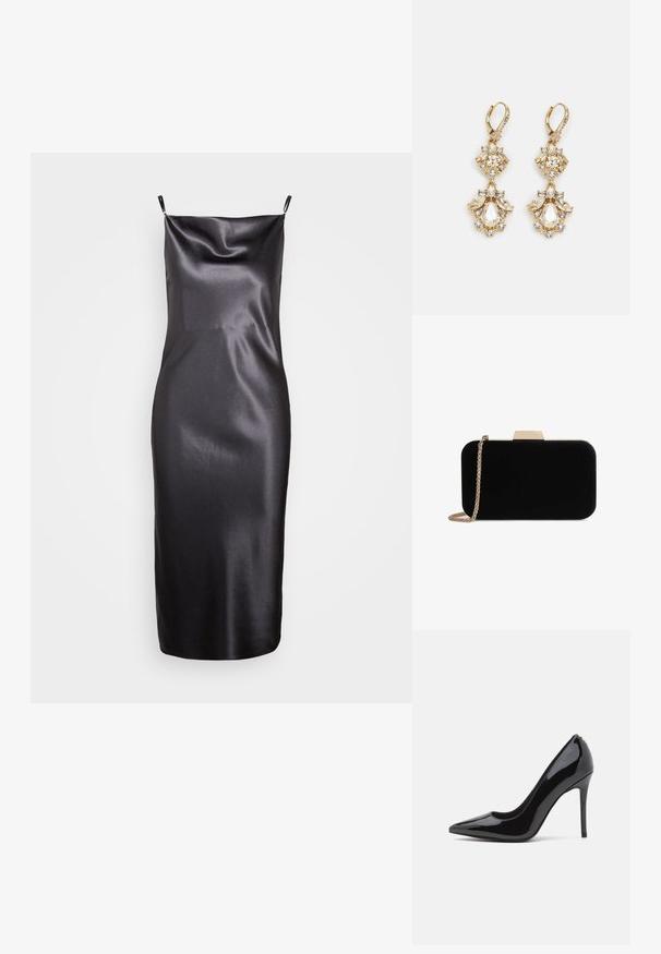 Samsøe Samsøe FREDERICKA LONG DRESS - Vestido de cóctel - ombre dark; Zapato de tacón alto de charol negro con punta afilada y textura suave, con un delgado tacón de aguja. Sin adornos visibles.; Clutch de terciopelo negro con herrajes en tono dorado, de forma rectangular y con correa de cadena, que presenta una textura suave y sin patrones visibles.; Pendientes colgantes en tono dorado con un diseño de racimo que incluye cristales claros en forma redonda y de lágrima, mostrando un detallado intrincado.