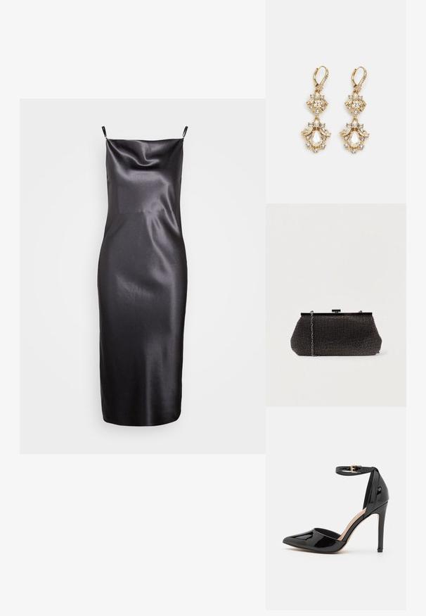 Samsøe Samsøe FREDERICKA LONG DRESS - Cocktailjurk - ombre dark; Zwarte gepatineerde leren hoge hak met een spitse neus, enkelbandje en slanke stilettohle. Gladde textuur met een glanzende afwerking.; Zwarte mesh clutchbag met een gestructureerde silhouette, versierd met kleine metalen studs, heeft een sluiting met een klapmechanisme en een afneembare kettingriem.; Gouden hangoorbellen met een clusterontwerp, versierd met ronde en druppelvormige heldere kristallen, die zich kenmerken door ingewikkelde details.