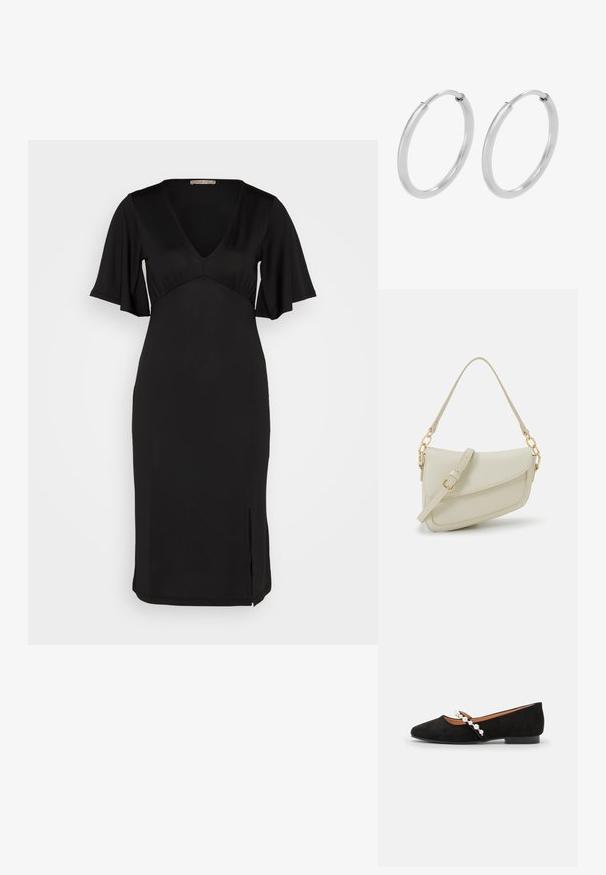 Anna Field by Zalando Jerseykjole - black; Sorte ruskind balletflade med spids tå, der har en dekorativ rem prydet med hvide perler og en lav hæl.; Lille cremehåndtaske med tekstureret overflade, en lang justerbar rem, en kædeaccent og flaplukning. Detaljer i guldhardware.; Sølv hoops øreringe, cirkulær form, glat skinnende tekstur og ensartet bredde hele vejen igennem. Minimalistisk design uden yderligere accenter.