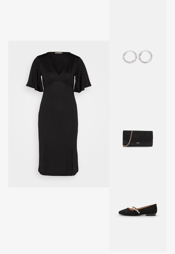 Anna Field by Zalando Robe en jersey - black; Ballerines en velours noir à bout pointu, dotées d'une strap décorative ornée de perles blanches et d'un petit talon.; Porte-monnaie noir en daim avec une finition texturée, doté d'une chaîne dorée et d'un design épuré et angulaire.; Boucles d'oreilles en argent en forme de créole, avec une texture ondulante et irrégulière. Présente une forme circulaire mince et une finition réfléchissante.