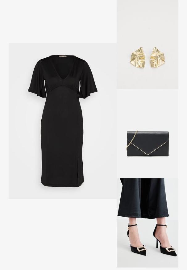 Anna Field Trikotaažkleit - black; Mustad satiin kõrge kontsaga kingad terava ninaga, dekoratiivse rhinestone pandlaga ja õhukeste pahkluu rihmadega.; Must mustra klamber mustra mustra kulla mustra osa koos kuldse kettiga. Omab struktureeritud ümbriku disaini, millel on diagonaalne kuldne aktsent lukustuse juures.; Kuldsetest metallist kõrvarõngad lainelise disainiga; sile, peegeldav pind; asümmeetriline kuju; nähtavad mustrid või kinnitused puuduvad.