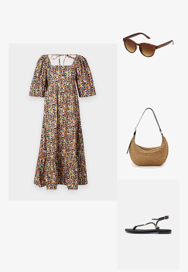 Vestido maxi floral con escote cuadrado, mangas abullonadas y cintura ceñida. Presenta un fondo negro con patrones florales multicolores.; Sandalias planas negras con tiras trenzadas y un acento metálico. Presentan una hebilla ajustable y una suela de goma plana para mayor comodidad.; Gafas de sol carey con forma de ojo de gato vintage, lentes marrones degradados y un acabado suave y brillante en las monturas y los brazos.; Pequeño bolso de hombro marrón tejido con correa ajustable negra y cierre de cremallera, exhibido sobre fondo blanco.