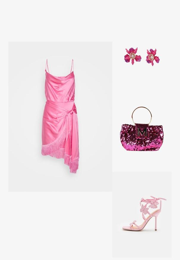 Cinq à Sept OCTAVIA DRESS - Vestido de cóctel - flamingo; Sandal de tacón alto rosa con acentos de mariposa, hecho de material suave. Cuenta con tirantes delgados y un tacón esbelto.; Bolso de mano de lentejuelas rosas con un asa circular dorada y un logo con acentos en negro que presenta una "M". La textura es brillante y reflectante.; Pendientes florales rosas hechos de plástico, con pétalos en capas en tonos degradados, acentuados con pedrería y una gema central.