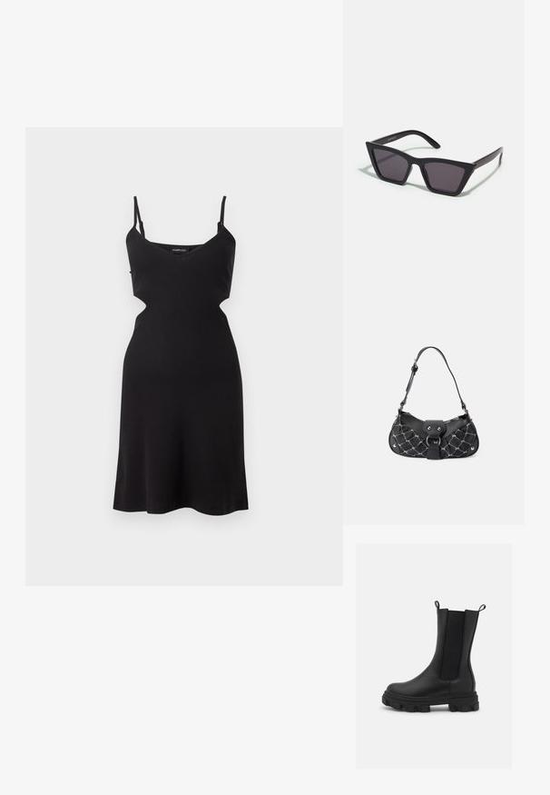 Robe noire sans manches avec fines bretelles et découpes latérales, dotée d'un corsage ajusté et d'une jupe évasée.; Bottines Chelsea noires en cuir et tissu élastique, dotées d'une semelle en caoutchouc épaisse avec un motif de traction prononcé et de languettes pour un enfilage facilité.; Lunettes noires angulaires avec des verres gris ; fabriquées en plastique, avec des branches épaisses à la surface lisse et sans matériel visible.; Sac à main noir avec texture matelassée, doté de quincaillerie en argent, d'une forme incurvée et d'une seule bandoulière réglable. Fermeture zippée sur le dessus.