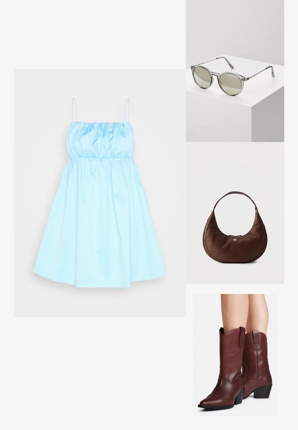 Samsøe Samsøe MEJA DRESS - Cocktailkleid/festliches Kleid - blue topaz; Beine, die mittelhohe, dunkelbraune Lederstiefel im Western-Stil mit spitzen Zehen und Blockabsätzen tragen, vor einem weißen Hintergrund.; Runde Sonnenbrillen mit transparenten grauen Fassungen und grau getönten Gläsern. Metallakzente an den Bügeln und gebogene Arme für Stabilität.; Braune crescentförmige Ledertasche mit geflochtenem Griff und dezentem, dreieckigem Metalllogo vorne.