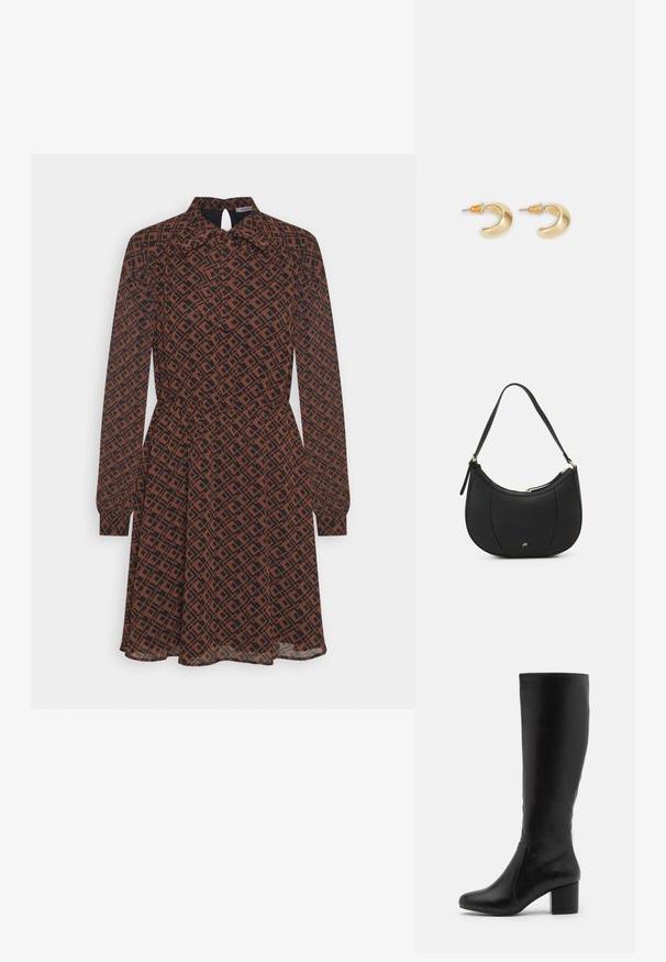 Anna Field by Zalando Robe de jour - black/brown; Bottes en cuir noir jusqu'aux genoux avec une texture lisse, un bout arrondi, un panneau latéral et un talon épais.; Sac à main en cuir noir avec une forme courbée, surface texturée, coutures avant et un logo doré. Il est doté d'une seule sangle ajustable.; Boucles d'oreilles en forme de croissant en or avec une finition lisse, présentant des accents orange près du clou et un matériel en argent.