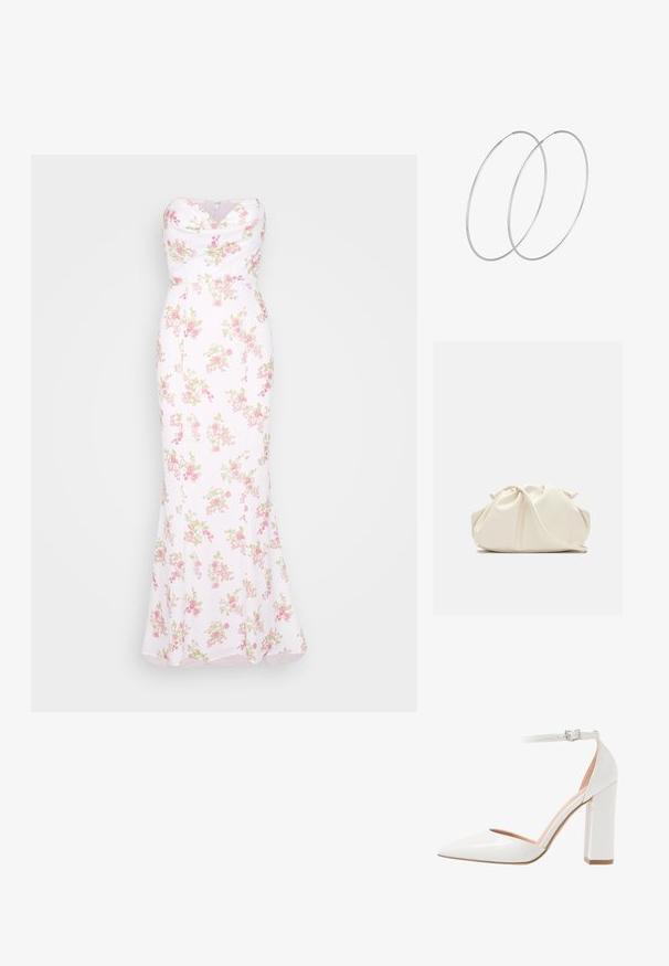 Robe blanche sans bretelles avec un imprimé floral rose et vert, corsage ajusté et jupe longue et fluide.; Chaussure à talon aiguille en cuir verni blanc avec un côté ouvert, bout pointu, bride de cheville avec boucle et talon épais.; Pochette en cuir souple couleur crème avec un design froncé et une fine bandoulière reposant à l’avant sur un fond uni.; Boucles d'oreilles en argent au design minimaliste. Forme circulaire, texture lisse et profil fin. Légères avec une finition polie.