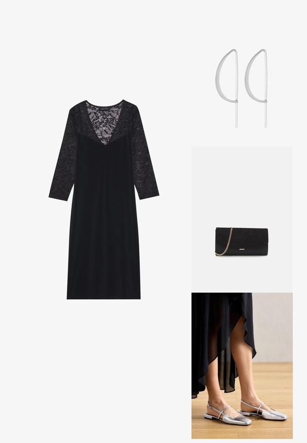 Robe noire avec un corsage en dentelle, des manches longues et un décolleté en V profond. Tissu lisse avec une texture en dentelle et un motif floral sur les manches.; Chaussures plates métalliques argentées avec un design à bout carré, une lanière arrière et des accents découpés. Texture lisse sur un sol en bois.; Porte-monnaie noir en daim avec une finition texturée, doté d'une chaîne dorée et d'un design épuré et angulaire.; Boucles d'oreilles en métal argenté avec un design courbé minimaliste, présentant des formes en goutte d'eau allongées et ouvertes avec une finition mate.