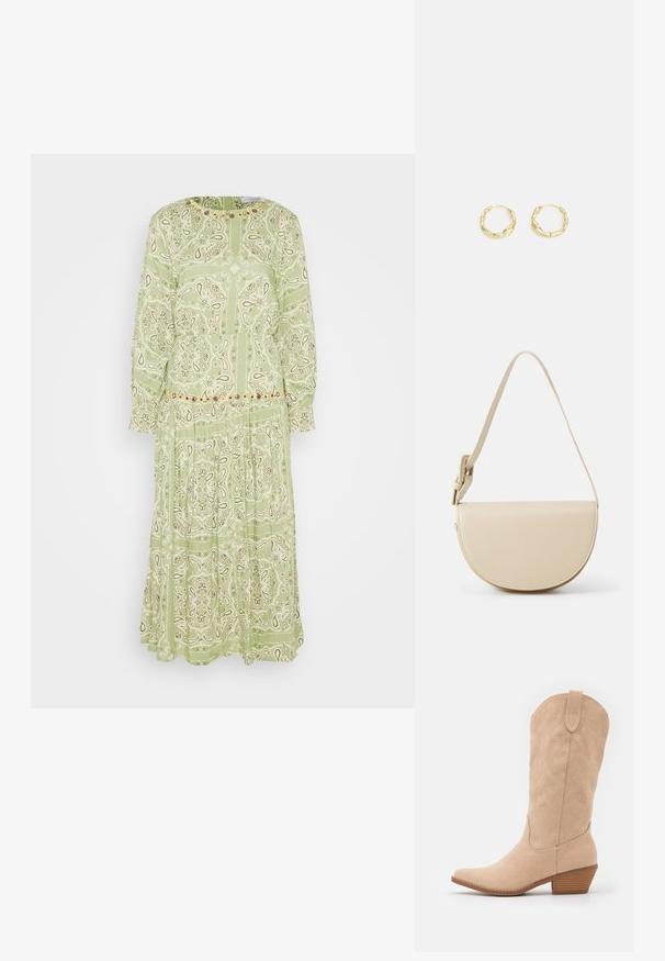 Never Fully Dressed BANDANA INDIE DRESS - Denné šaty - khaki; Bežové semišové kovbojské topánky s špicatou špičkou a jemne textúrovaným siluetom. Obsahujú dekoratívne šitie a nízky stohovaný podpätok.; HVISK NOMI SOFT STRUCTURE - Kabelka - bone white; Zlaté kruhové náušnice s textúrovaným, nepravidelným povrchom. Majú ľahký dizajn a kruhový tvar, vhodné na každodenné nosenie.