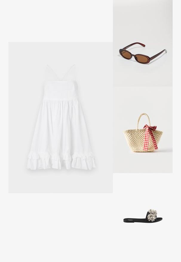 Vestido blanco sin mangas con un corsé ajustado, falda acampanada y dobladillo con volantes. Hecho de una tela ligera, presenta tirantes finos y un escote en V.; Sandalia negra de plataforma con tres apliques florales texturizados en blanco en la parte superior. El diseño tiene una suela plana y punta abierta.; Gafas de sol redondas con tinte marrón y un marco burdeos brillante. Patillas delgadas con un sutil detalle de marca. Diseño de lentes planos.; Bolso tote de paja tejido con asas trenzadas y un lazo de cinta a cuadros rojos y blancos atado a un lado.